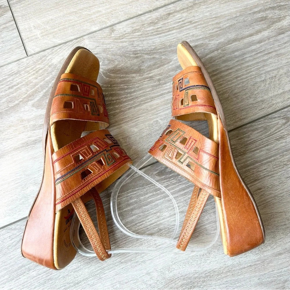 Pikolinos  Brown Tan Leather Embroidered Square Toe Slingback Sandals - Picture 6 of 14